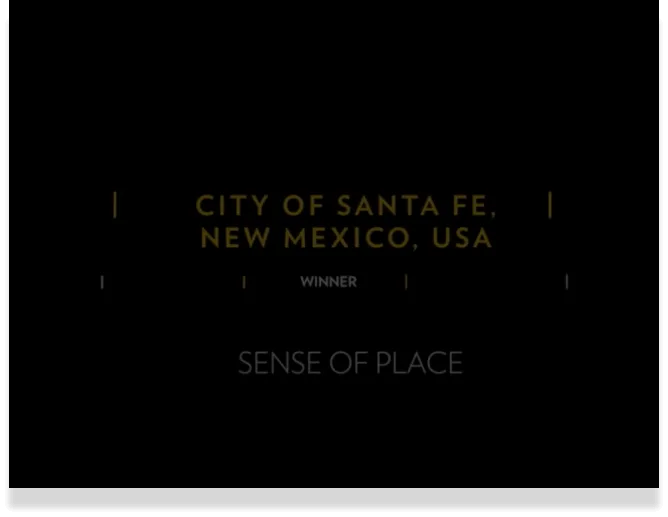 The black background features gold and gray text announcing the City of Santa Fe as the winner for Sense of Place.