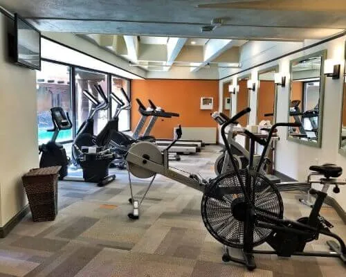 The well-equipped fitness center includes cardio machines, weight equipment, and floor-to-ceiling windows.