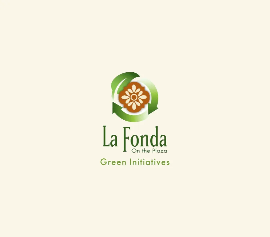 The La Fonda On The Plaza Green Initiatives logo displays a flower icon within a circular green recycling symbol.