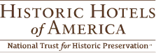 The badge displays the orange text, "Historic Hotels of America," on a dark gray background.