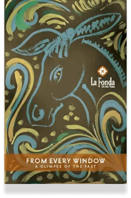 Stylized artwork depicting a burro head, outlined in blue chalk, surrounded by swirling strokes of green, gold, and.