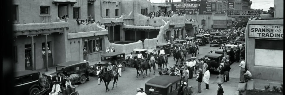 A historic black and white photo shows a crowded adobe street featuring riders on horseback and vintage cars passing by.