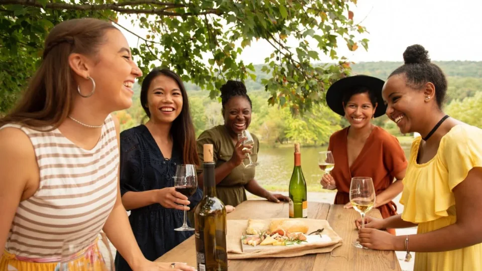 Five happy women laugh together while enjoying wine and a charcuterie board at a scenic outdoor table.