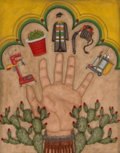 Painting of a hand and icons.