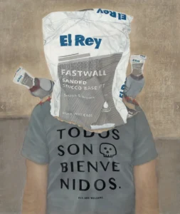 Painting by Vincente Telles of a man will a t-shirt that says "todos son bienvenidos".