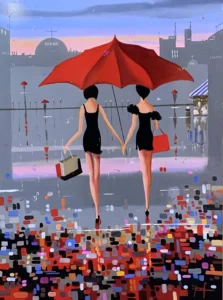 This abstract painting depicts two stylized figures walking together under a bright red umbrella on a wet, colorful.