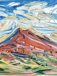 A highly textured impasto painting shows a striking red mountain landscape beneath a vibrant, swirling blue sky.
