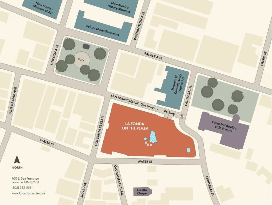 An illustrated map shows the central location near the Plaza and other downtown santa fe attractions.