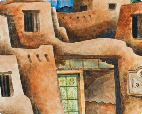 A watercolor painting depicts the traditional Pueblo style architecture of the historic boutique hotels entrance.