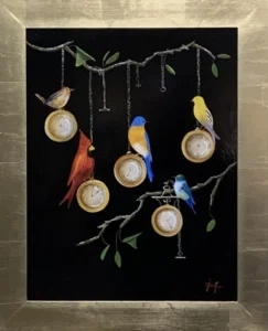 Painting of birds and watches.