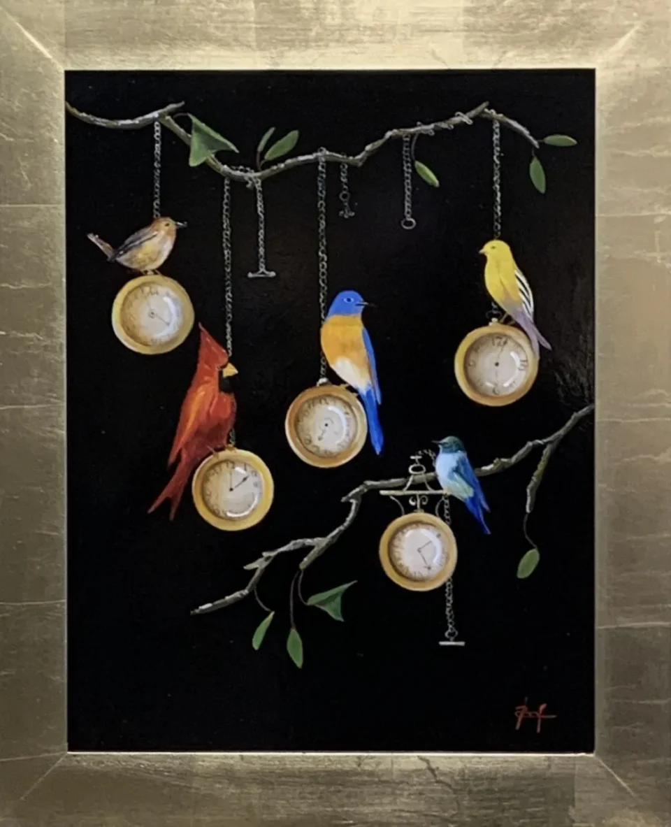 Painting of birds and watches.