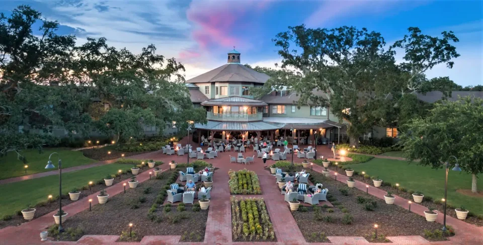 The extensive outdoor brick courtyard provides beautiful event spaces in Santa Fe NM for evening gatherings.