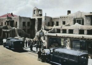 Historic image of La Fonda with Harvey Cars.