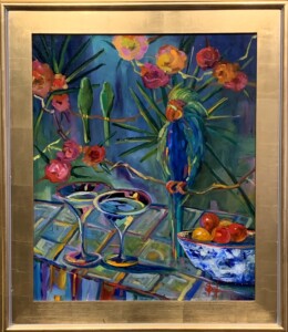 painting by Cynde Roof of flowers and a bird.