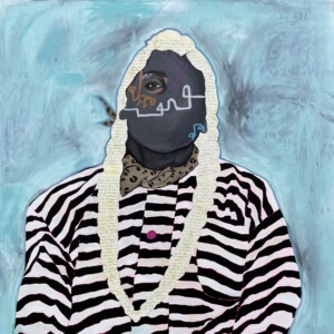 Contemporary Native American painting with a blue background and a person in a striped shirt.
