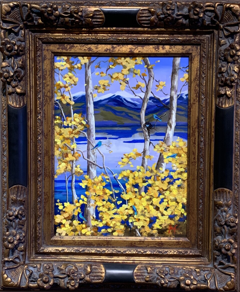 Painting of aspens with yellow leaves.