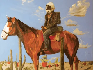 A colorful painting depicts a modern rider wearing a white helmet astride a brown horse in a stark desert setting.