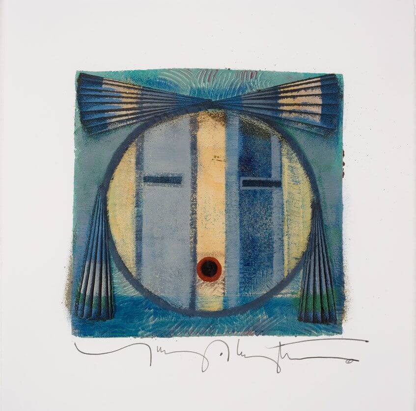 Stylized abstract artwork depicting a mask-like face using textured blue, teal, and yellow paint.