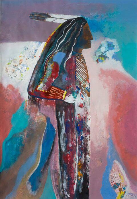 This is a vibrant, abstract painting depicting the profile of an Indigenous figure with a feather in his long dark hair.