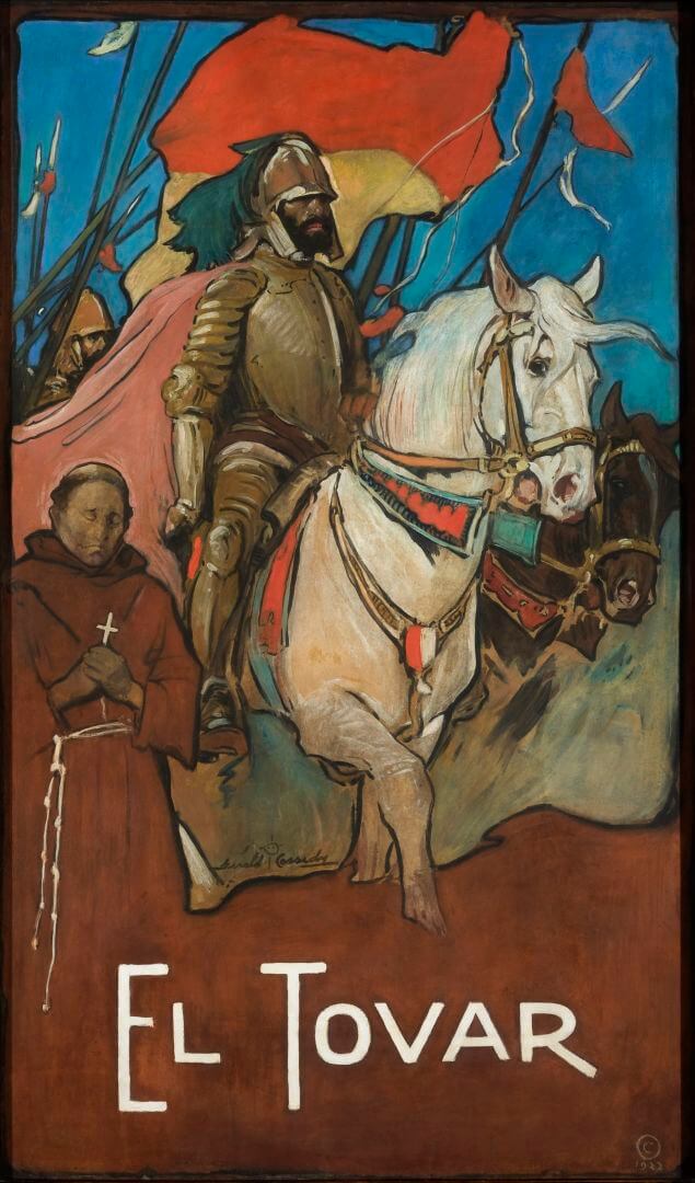 An oil painting shows a Spanish conquistador riding a white horse with a friar standing nearby.