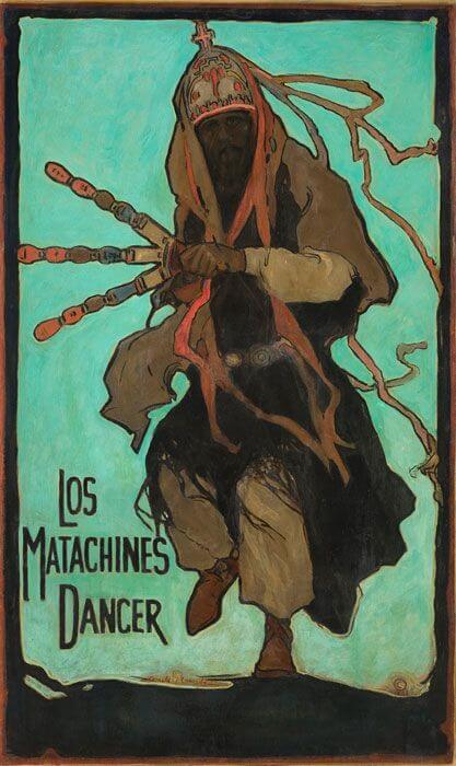 A vibrant poster painting shows a Matachines dancer in ceremonial attire holding sticks against a turquoise backdrop.