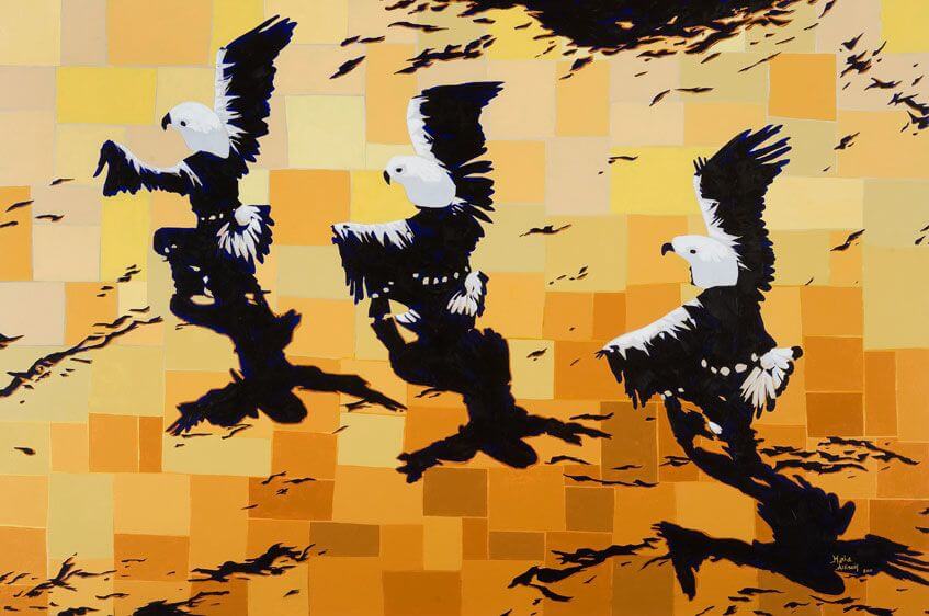 A striking painting features three stylized black and white eagles flying over a geometric yellow background.