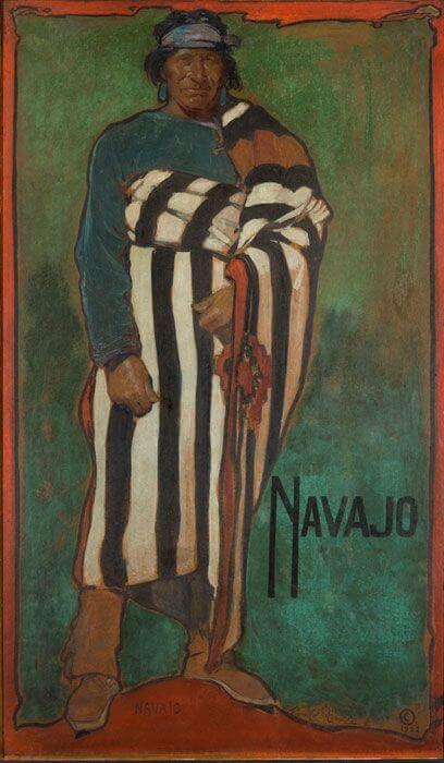 A historic vertical painting depicts a standing Navajo figure wrapped tightly in a striking black and white striped.