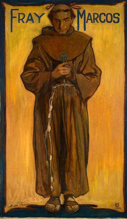 A full-length historical painting shows the friar Fray Marcos holding a cross with deep blue lettering above him.