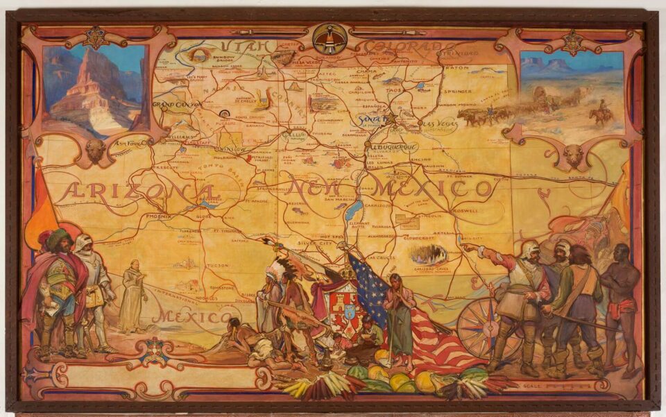 This intricate mural displays a map of the Southwestern states surrounded by historical figures, conquistadors, and.