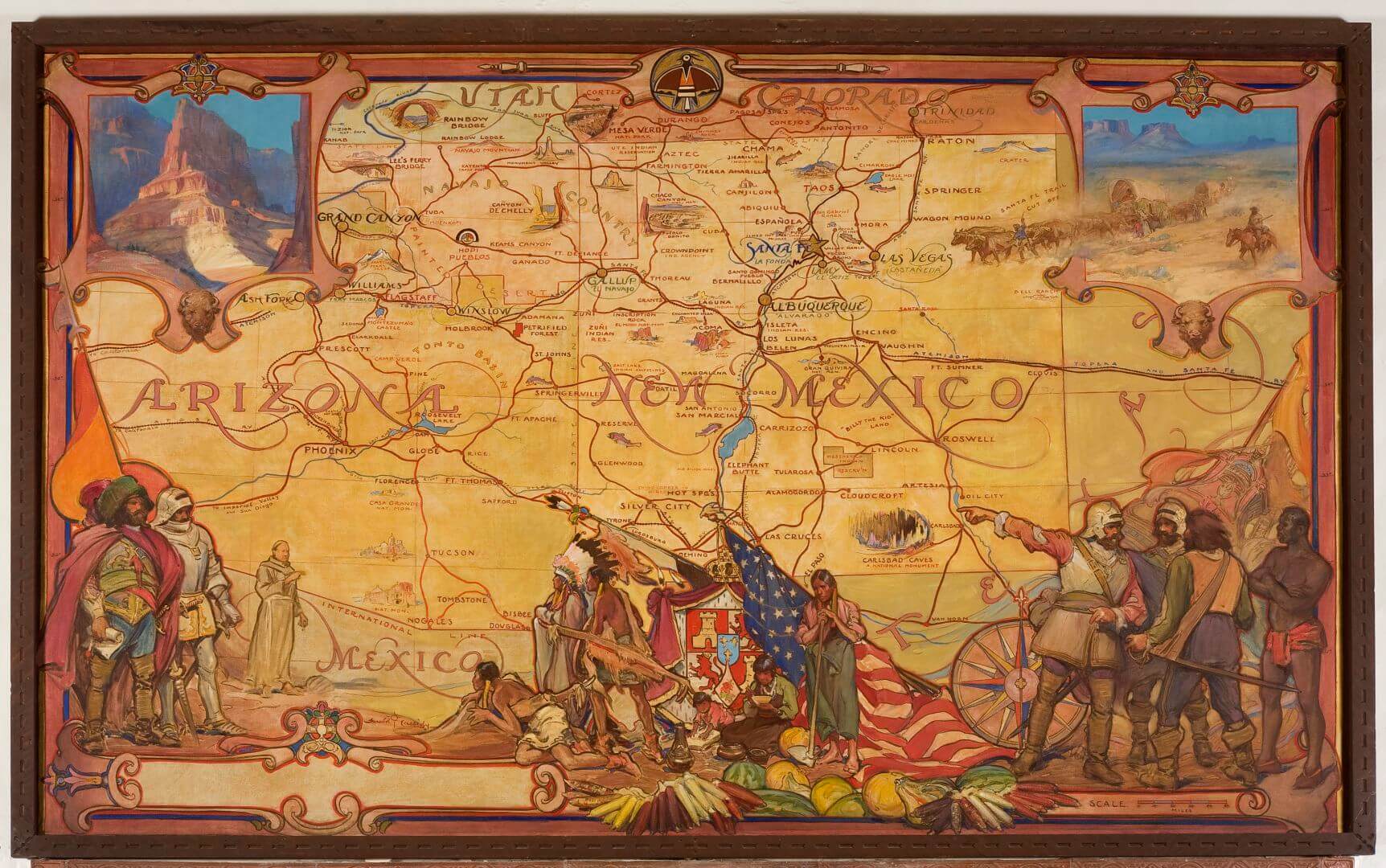 This intricate mural displays a map of the Southwestern states surrounded by historical figures, conquistadors, and.