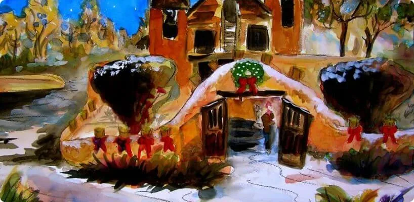 A watercolor painting illustrates a charming boutique hotel entrance decorated for the winter holidays.