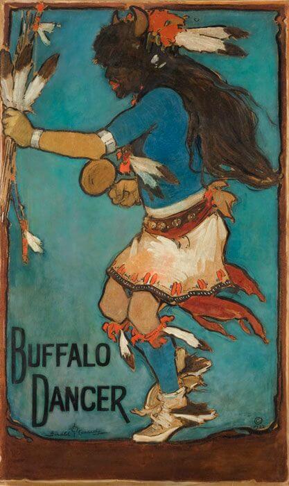 A stylized painting depicts a Native American Buffalo Dancer holding feathers against a turquoise background.