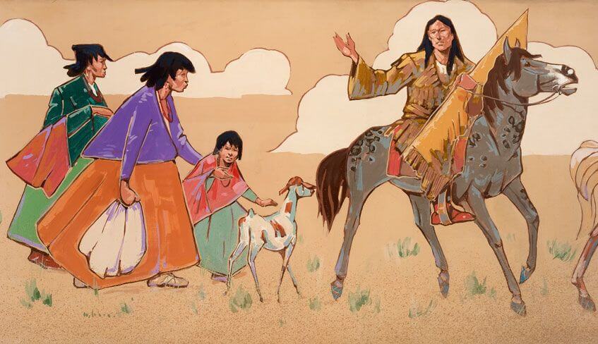 A vibrant painted mural depicts indigenous people walking alongside a man on a horse and a young goat.