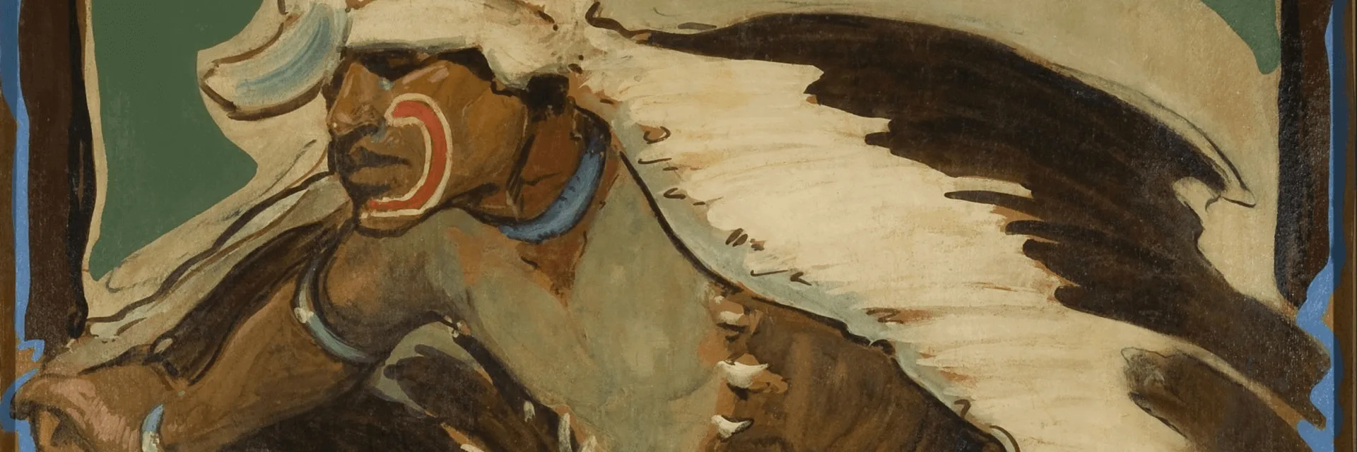The artwork depicts a proud indigenous figure with a feather bonnet and red crescent face markings.