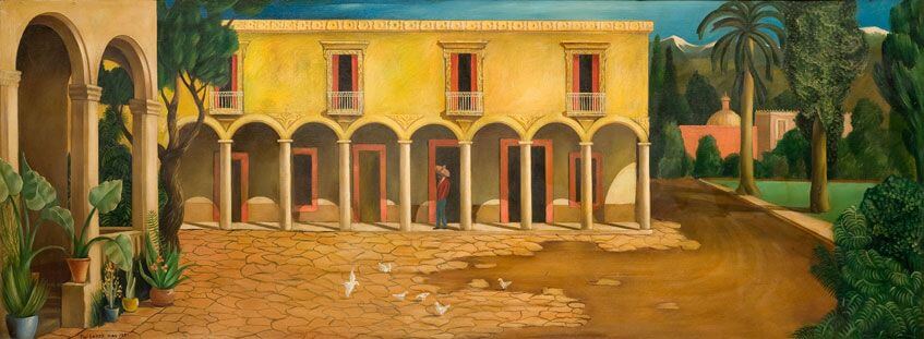 This oil painting depicts a historic yellow building facade with an arched portal, a stone courtyard, and distant.