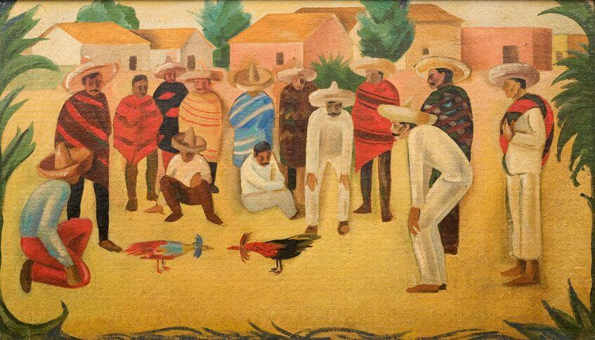 An oil painting depicts men in sombreros and ponchos watching two roosters fight in a dusty village square.