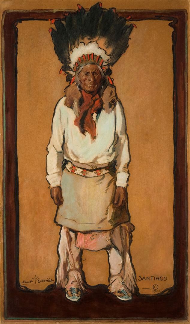 A portrait painting of Santiago, a Native American chief, wearing a war bonnet and traditional white garments.