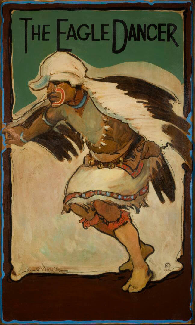 A vintage painting titled "The Eagle Dancer" shows a Native American man performing a traditional ceremonial dance.
