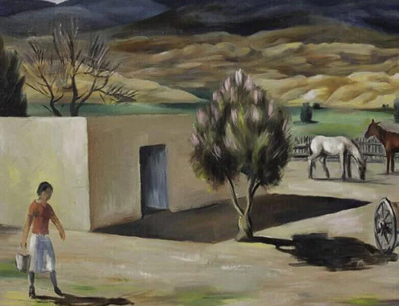 An expressive painting captures a woman walking near a traditional adobe building with horses and rolling hills.