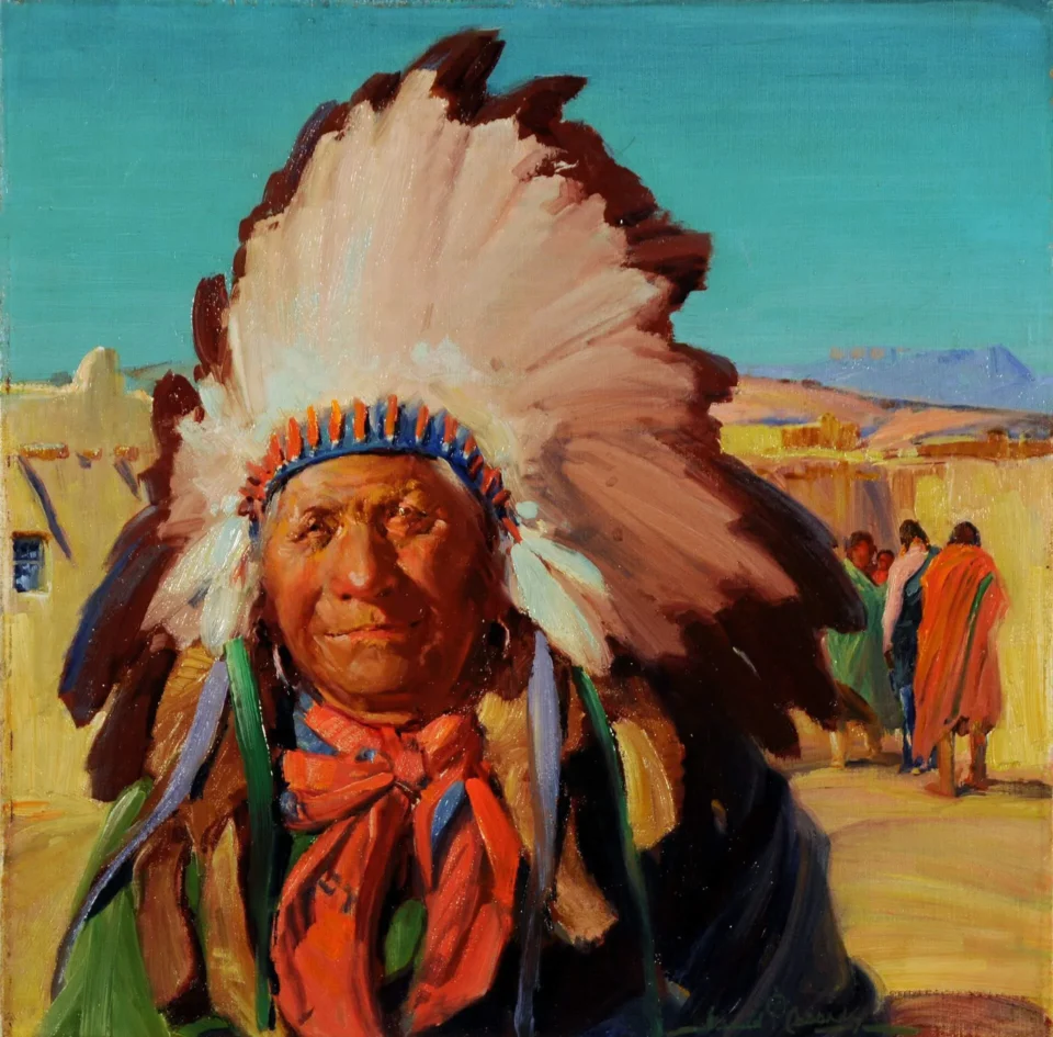 An oil painting portrays a chief in traditional regalia against a bright turquoise sky and earthen-colored pueblo.