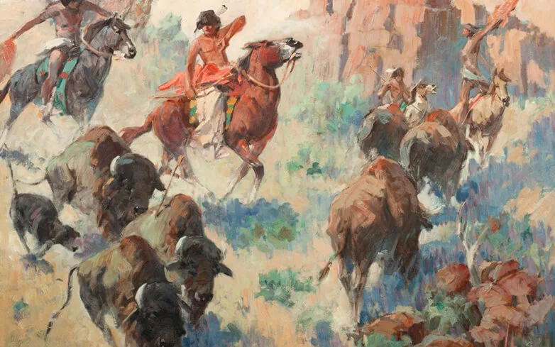 A dramatic oil painting of Native American hunters riding fast horses while chasing a group of bison.