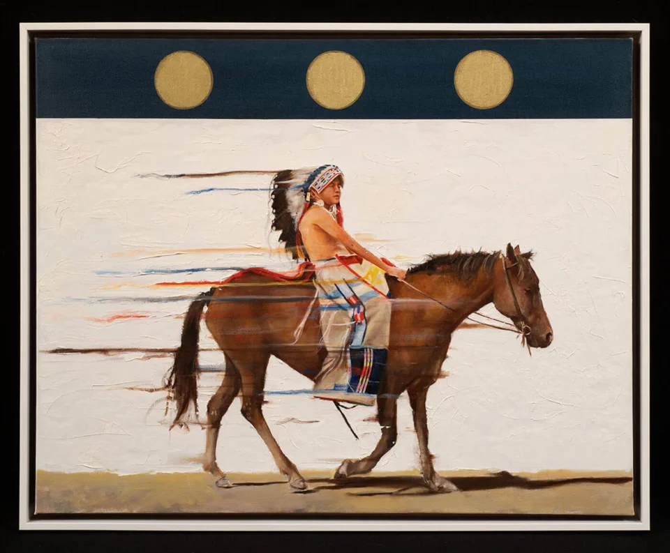 This painting depicts a Native American rider wearing a war bonnet galloping quickly on a brown horse.