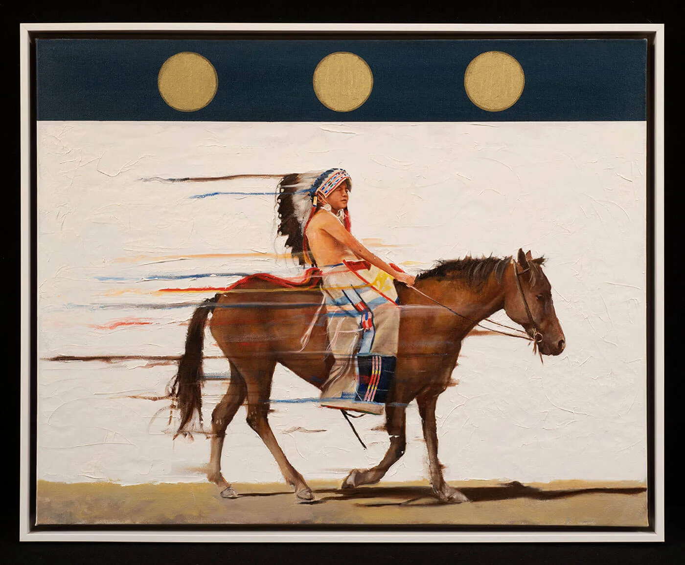 This painting depicts a Native American rider wearing a war bonnet galloping quickly on a brown horse.