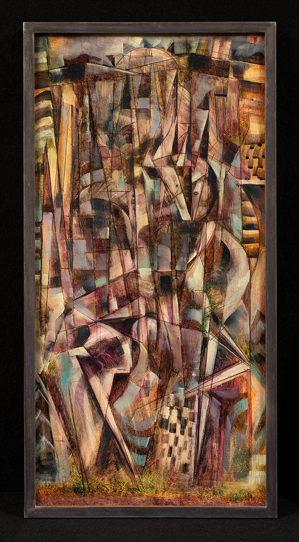 A vertically oriented abstract artwork featuring intersecting geometric forms painted in warm earth tones and turquoise.