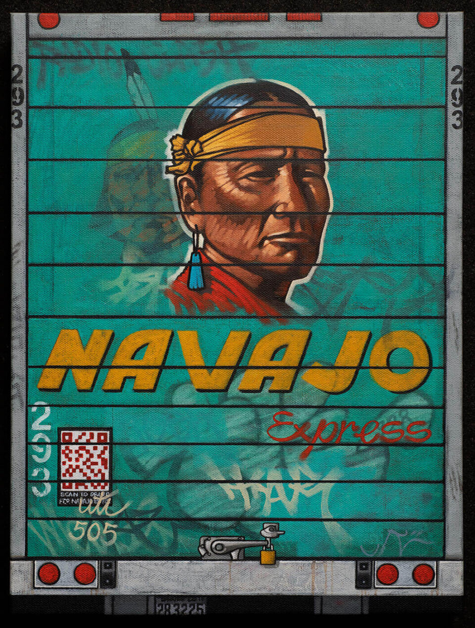 This vibrant painting depicts a portrait of a Native American man centered on the graffiti-covered rear door of a.