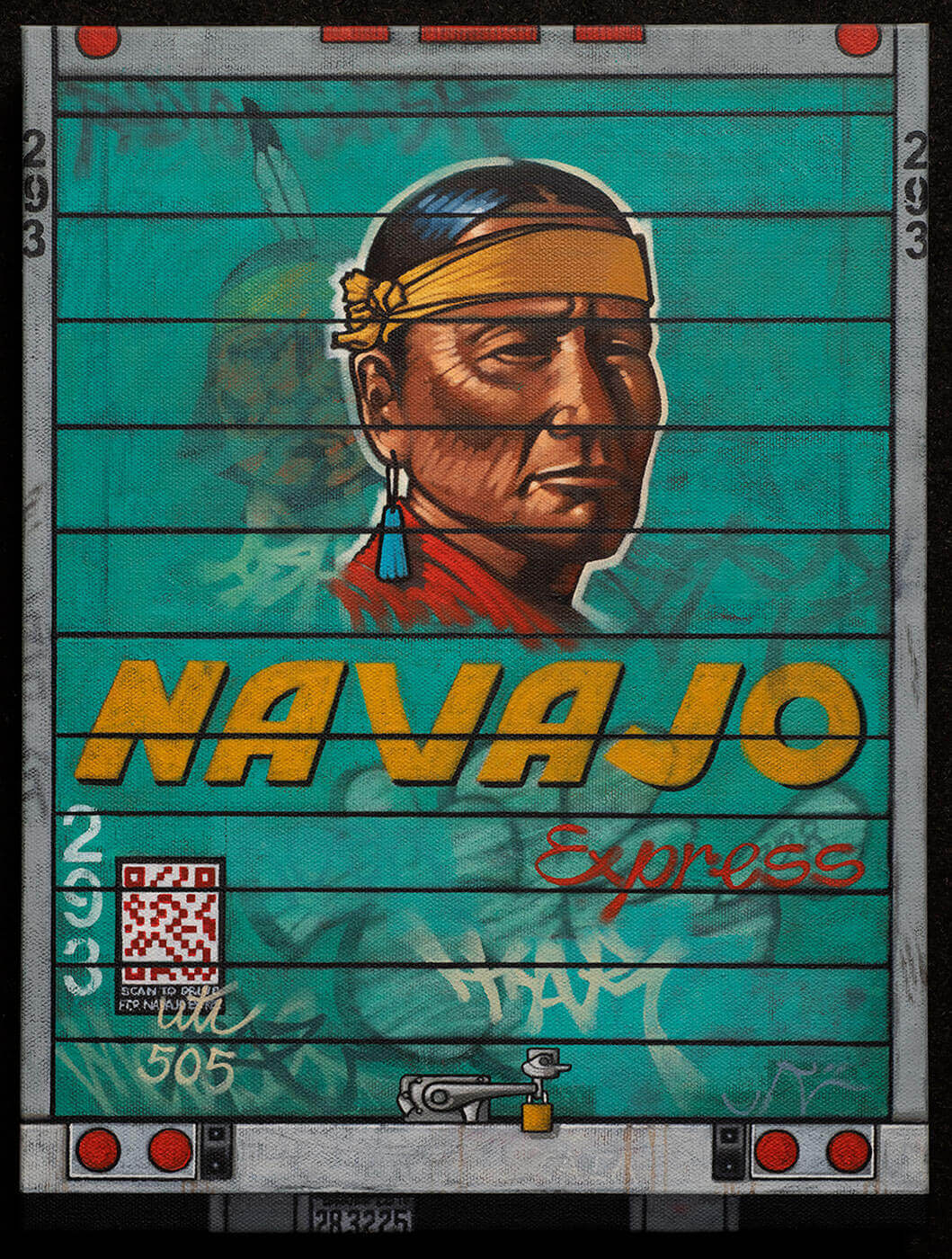 This vibrant painting depicts a portrait of a Native American man centered on the graffiti-covered rear door of a.
