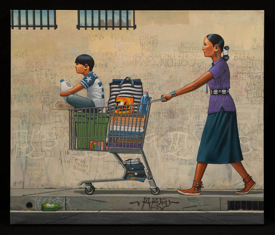 A painting depicts a Native woman in traditional dress pushing a cart carrying a boy along a sidewalk near a graffiti.