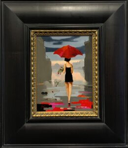 painting by Cynde Roofe of a woman holding a red umbrella.