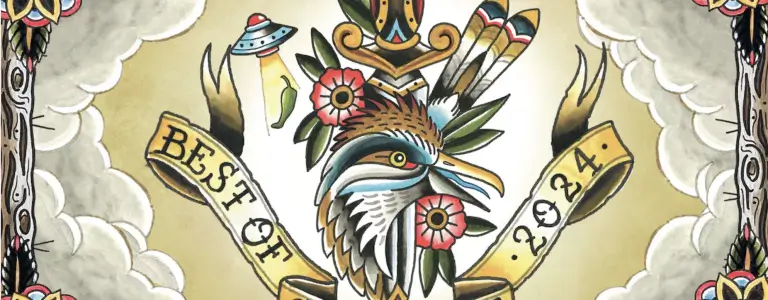 A vibrant tattoo flash illustration shows a roadrunner over a dagger with a banner proclaiming "Best of 2024.".