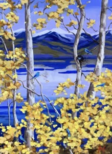 Painting of a lake with mountains.